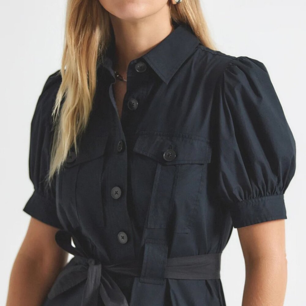 DEREK LAM 10 CROSBY | Buffy Black Short Sleeve Cotton Utility Midi Dress - Picture 4 of 7